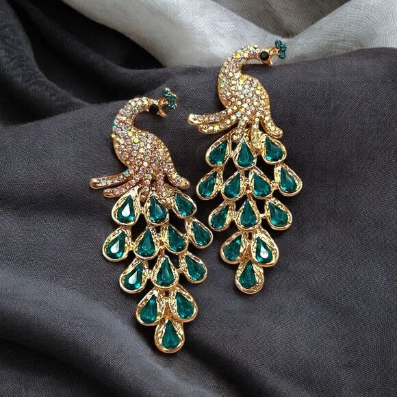 Stunning AB and Green Rhinestone Peacock Gold Tone Earrings - Picture 1 of 3